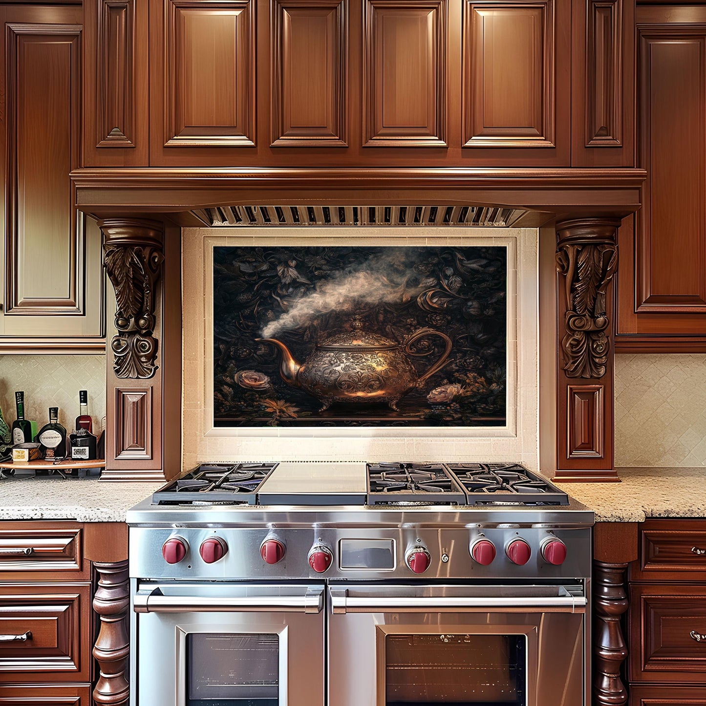 Farmhouse kitchen glass backsplash with grapevine theme, crafted from heat-resistant tempered glass. Easy to maintain and a stylish addition to rustic or vineyard-inspired kitchens.