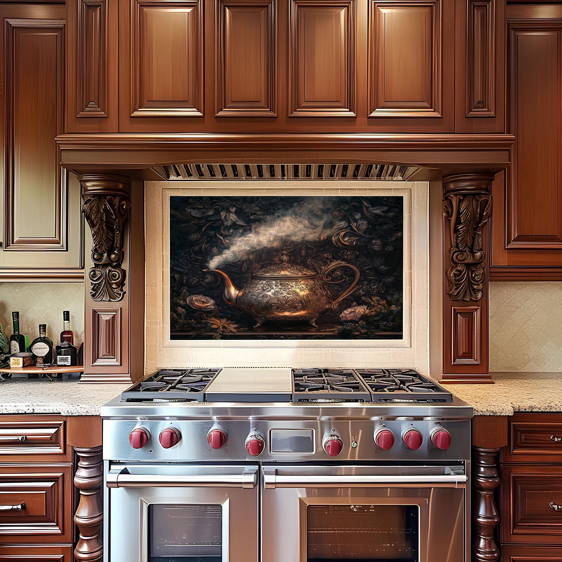 Farmhouse kitchen glass backsplash with grapevine theme, crafted from heat-resistant tempered glass. Easy to maintain and a stylish addition to rustic or vineyard-inspired kitchens.