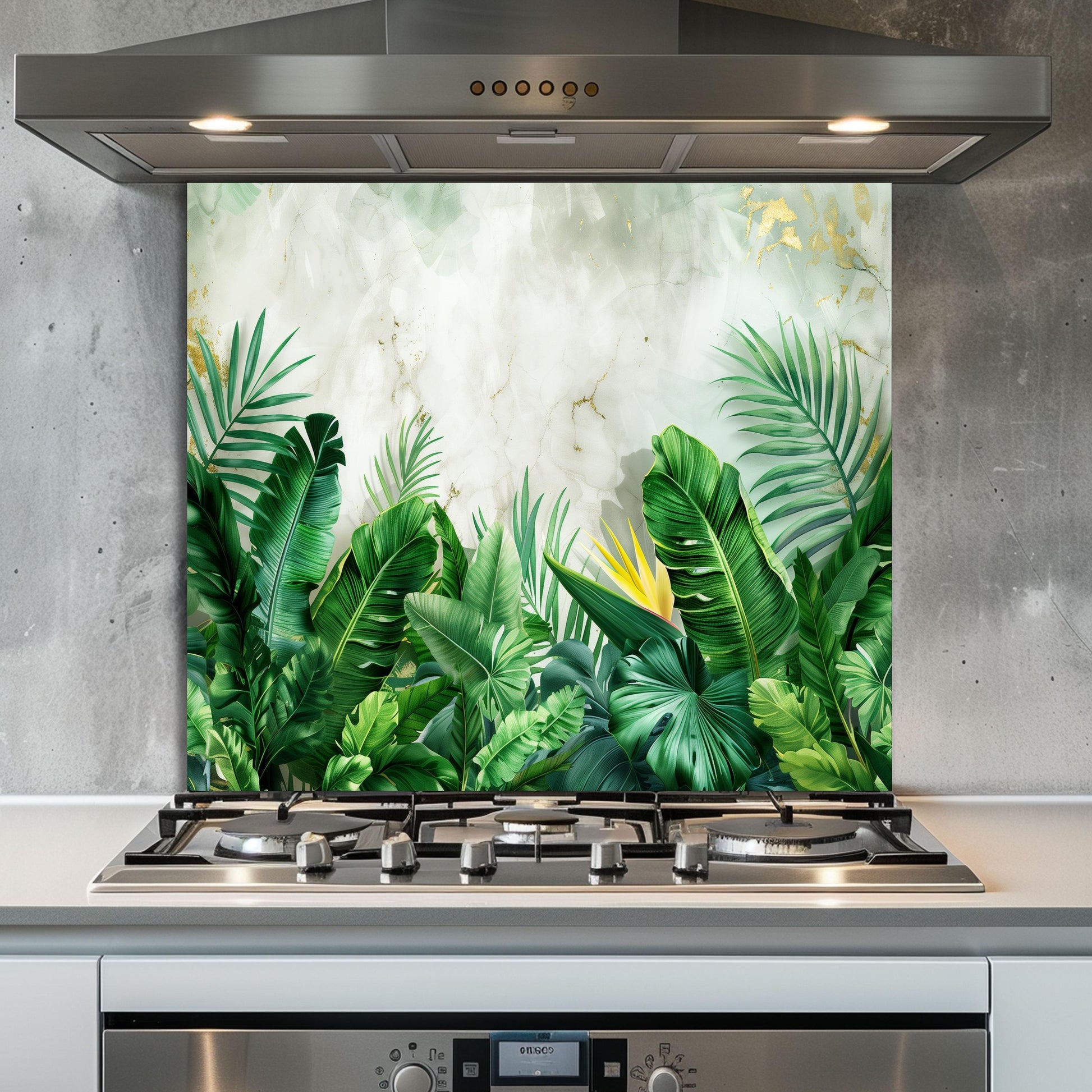 Tropical Banana Leaf Tempered Glass Backsplash: Marble & Gold Kitchen Wall Art