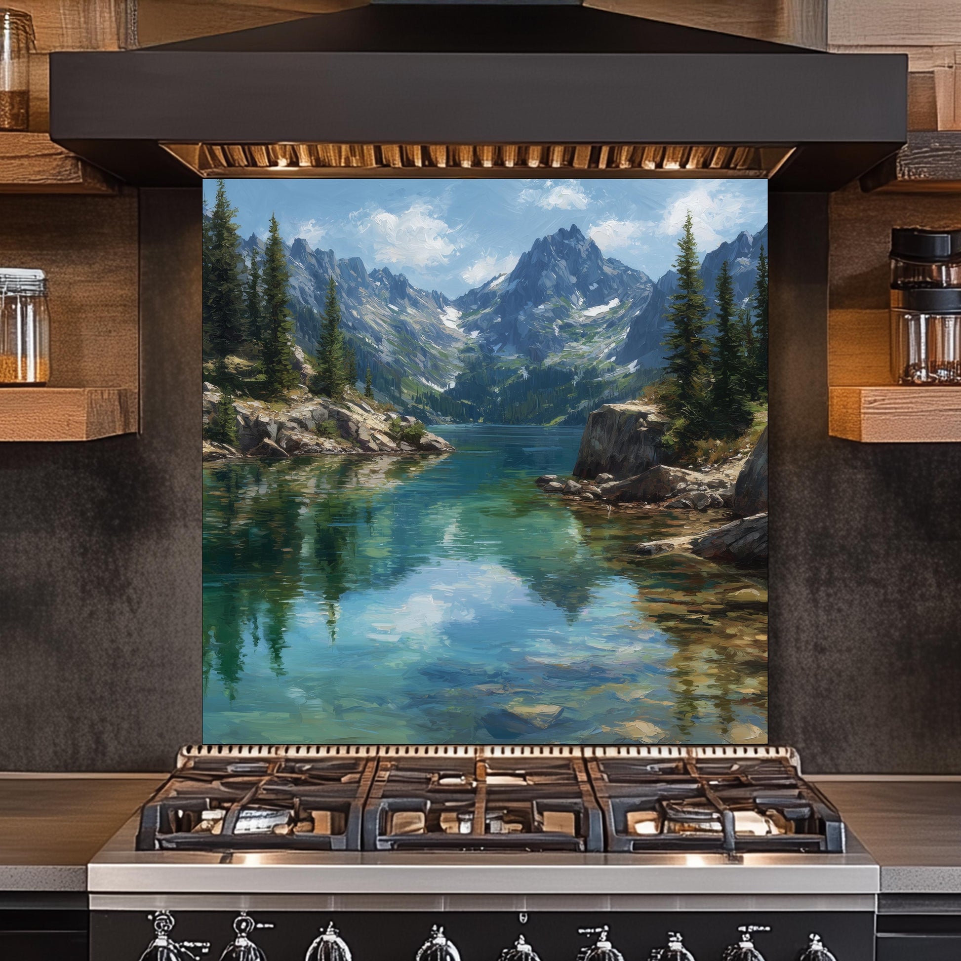 Mountain Lake Reflection Kitchen Backsplash, UV Printed Tempered Glass, Custom Size Design