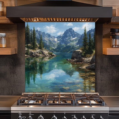 Mountain Lake Reflection Kitchen Backsplash, UV Printed Tempered Glass, Custom Size Design