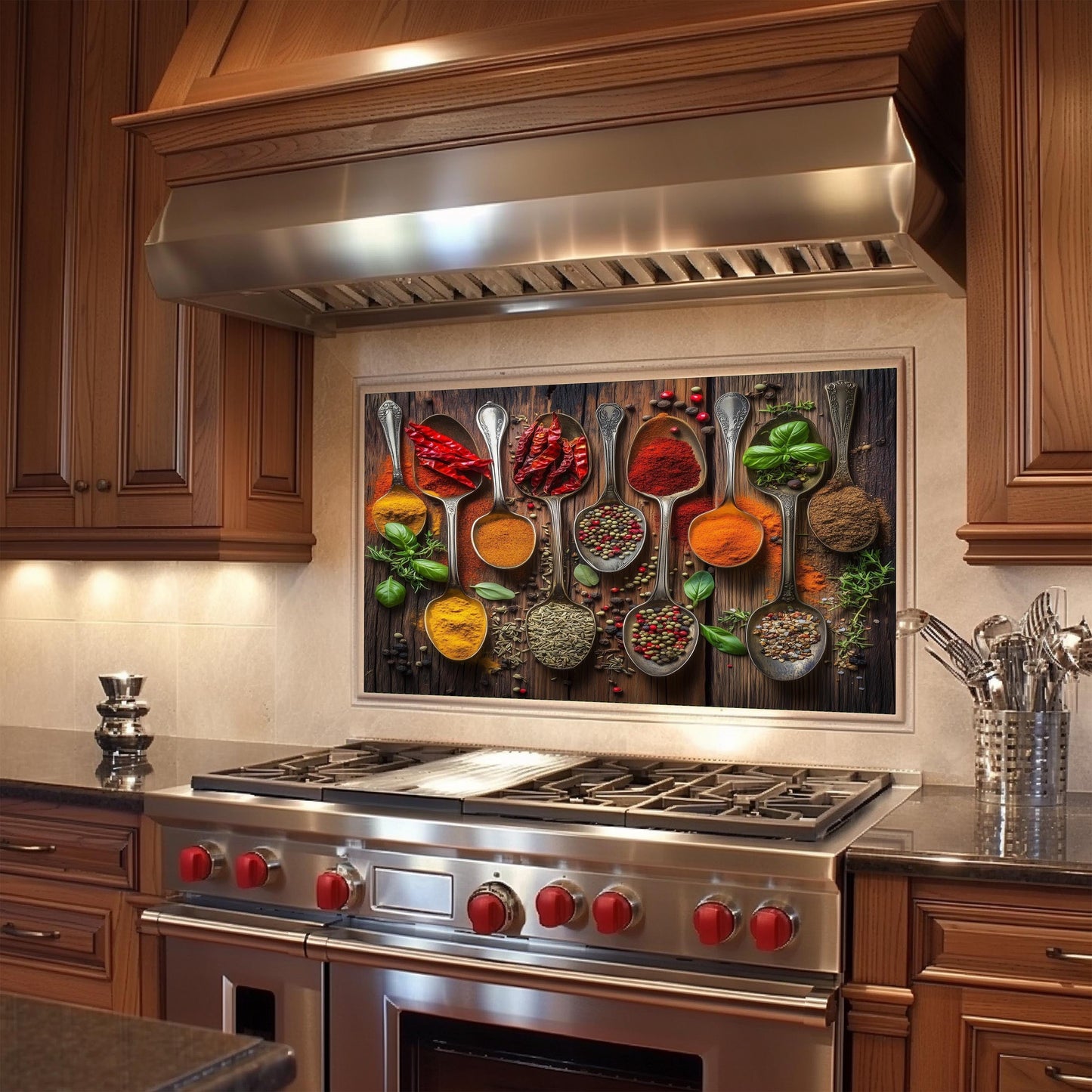 Spices Tempered Glass Backsplash: Heat Resistant Kitchen Wall Art