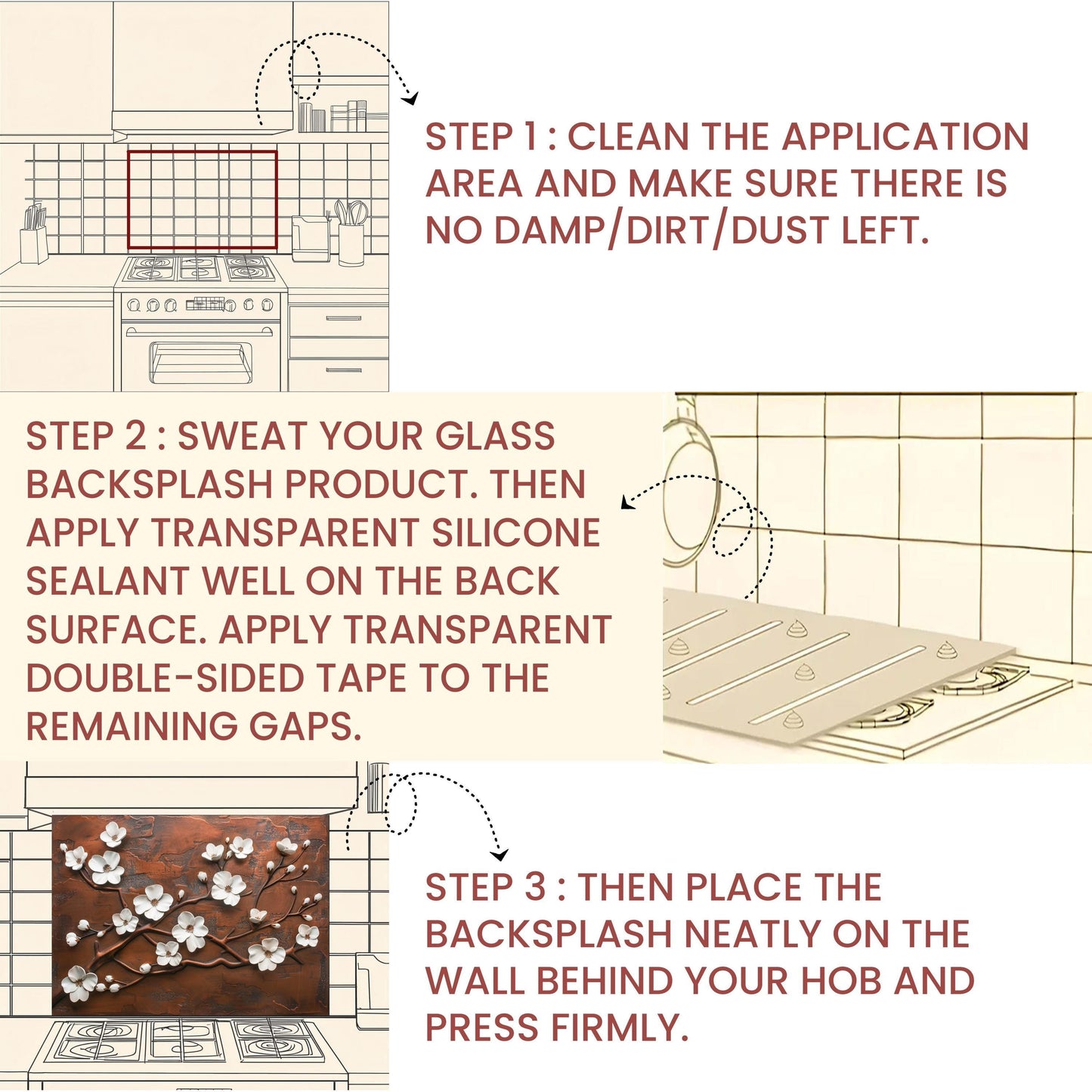 Tempered Glass Kitchen Backsplash: Copper Cherry Blossom Design