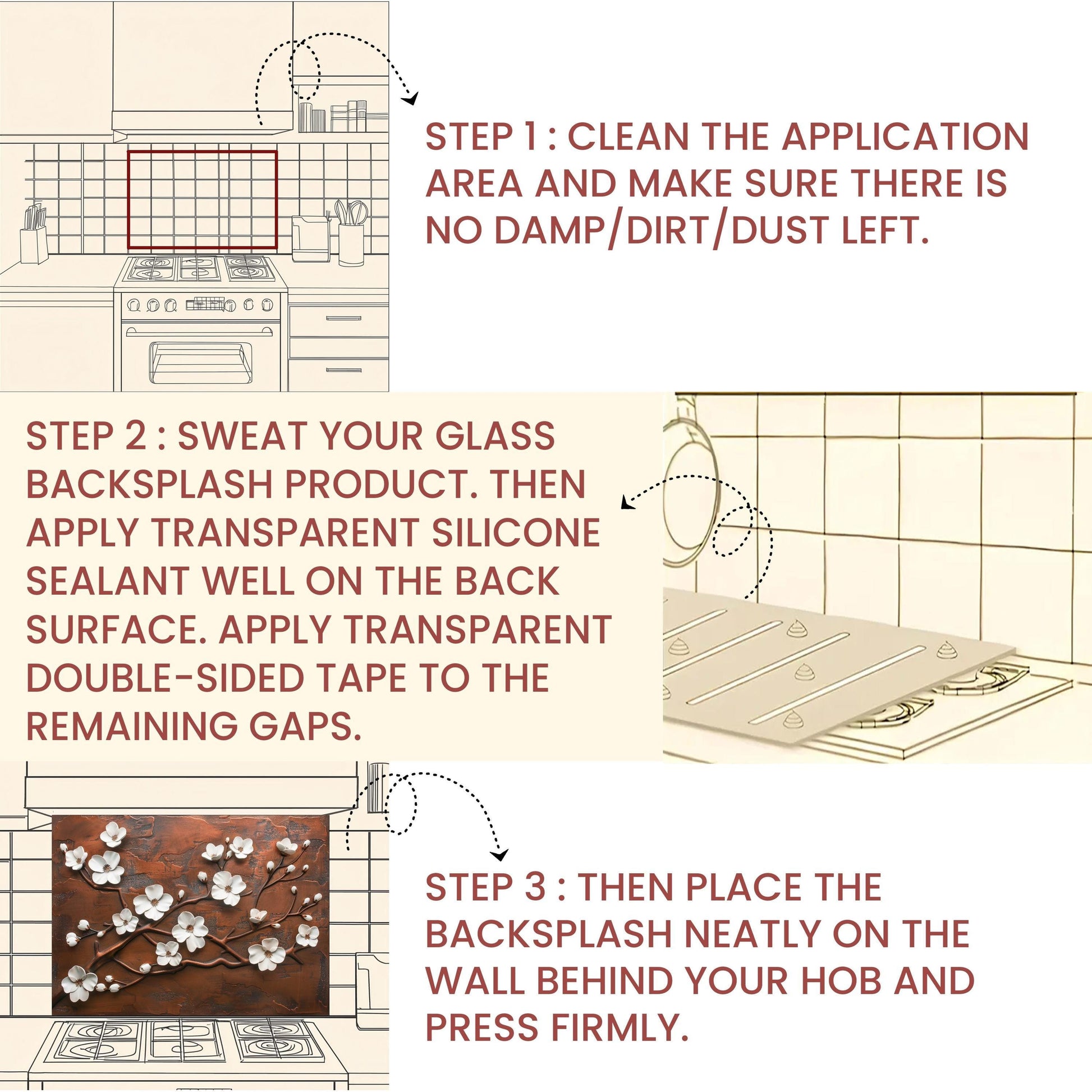 Tempered Glass Kitchen Backsplash: Copper Cherry Blossom Design