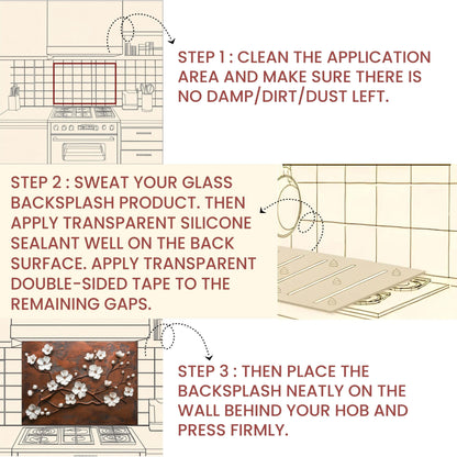 Tempered Glass Kitchen Backsplash: Copper Cherry Blossom Design