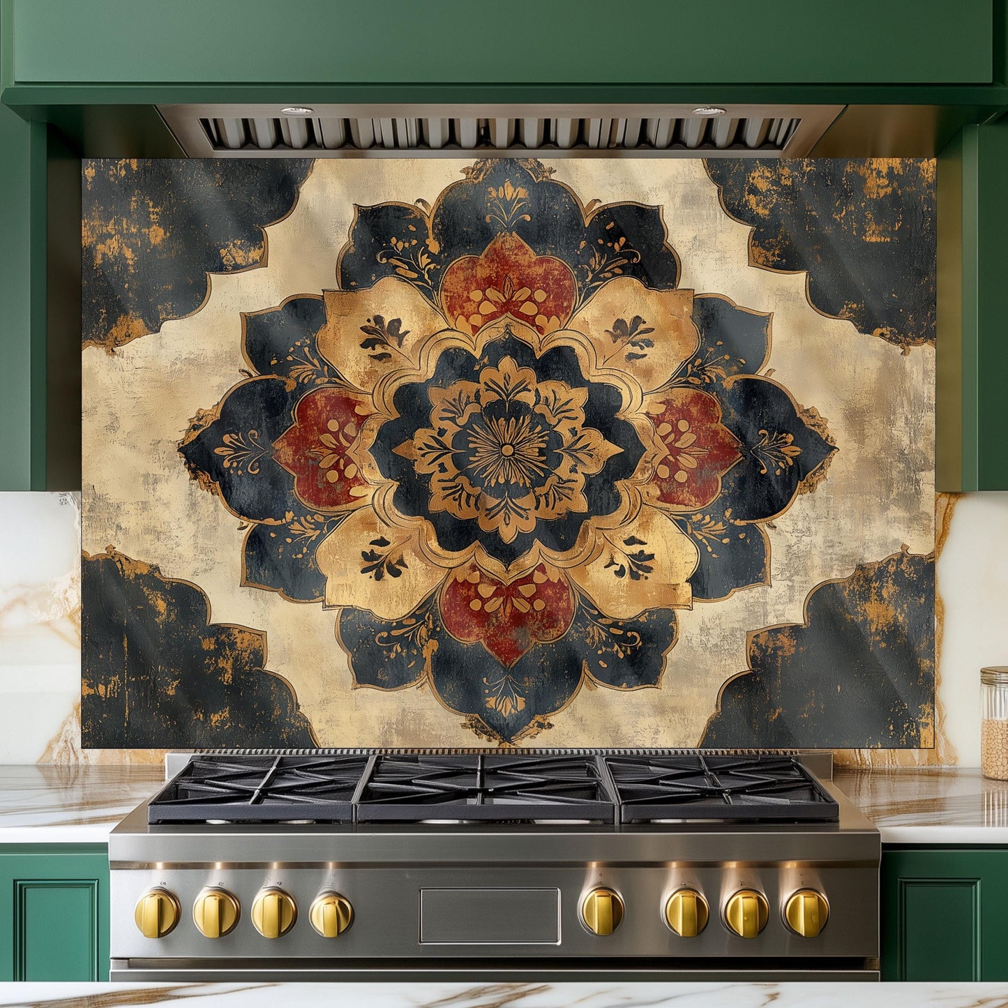 Moroccan Style Glass Backsplash, Blue Geometric Stove Guard, Heat Resistant Easy Clean Kitchen Art