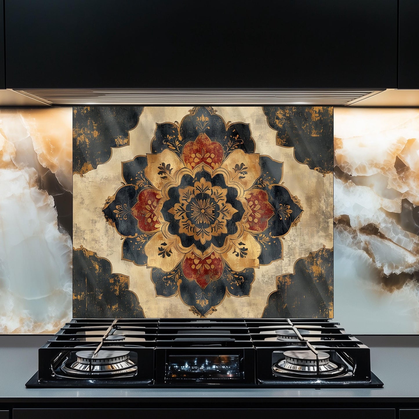 Moroccan Style Glass Backsplash, Blue Geometric Stove Guard, Heat Resistant Easy Clean Kitchen Art