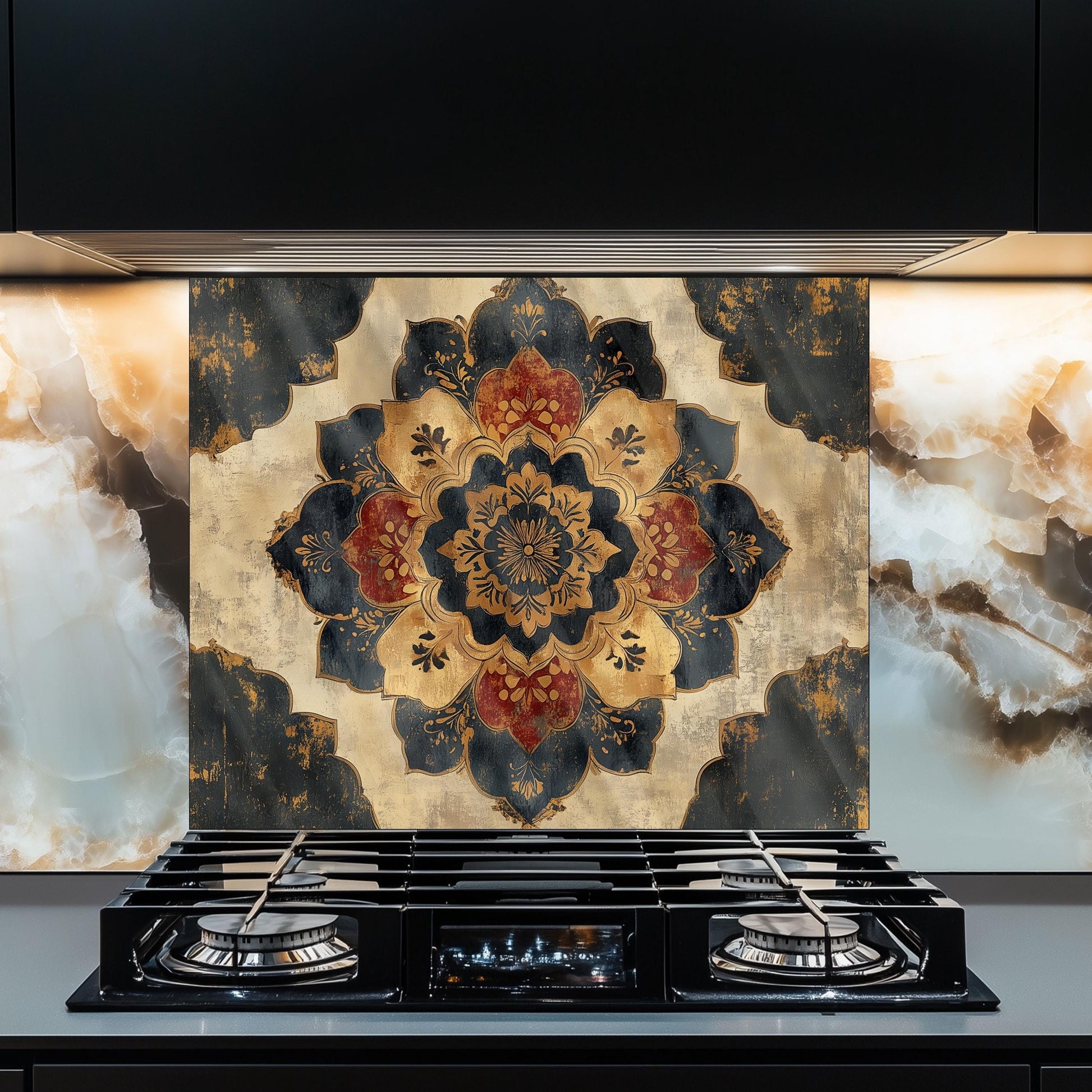 Moroccan Style Glass Backsplash, Blue Geometric Stove Guard, Heat Resistant Easy Clean Kitchen Art