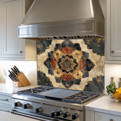 Moroccan Style Glass Backsplash, Blue Geometric Stove Guard, Heat Resistant Easy Clean Kitchen Art