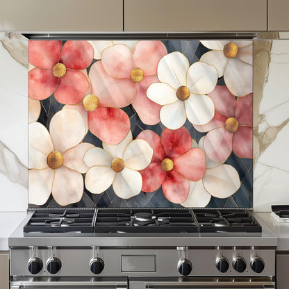 Artistic Floral Glass Backsplash, Heat Resistant Stove Guard, Custom Size Kitchen Art