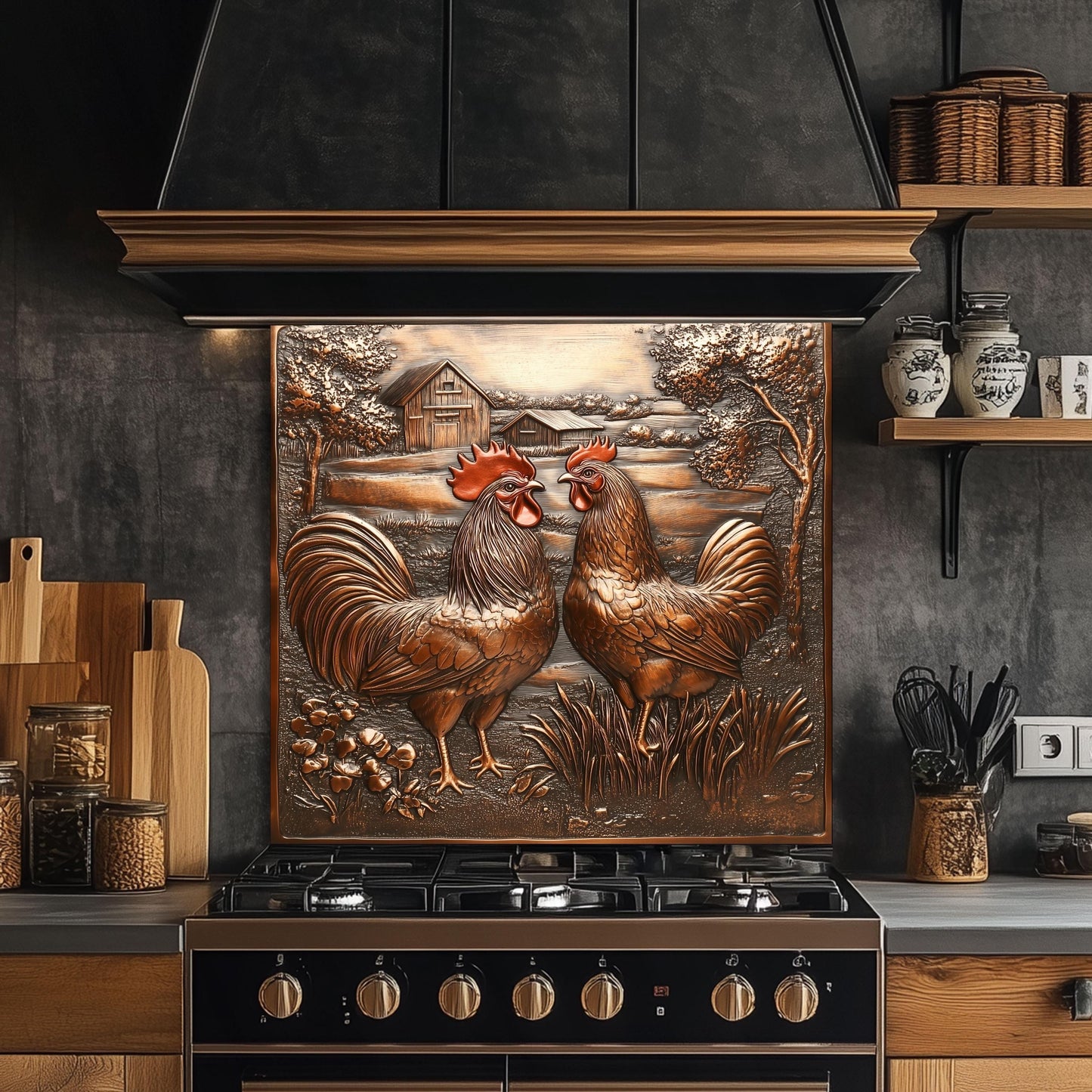 Tempered glass backsplash, rooster design, heat-resistant kitchen wall protector, copper-effect farmhouse backsplash, easy clean kitchen backsplash, rustic kitchen decor, stove protector