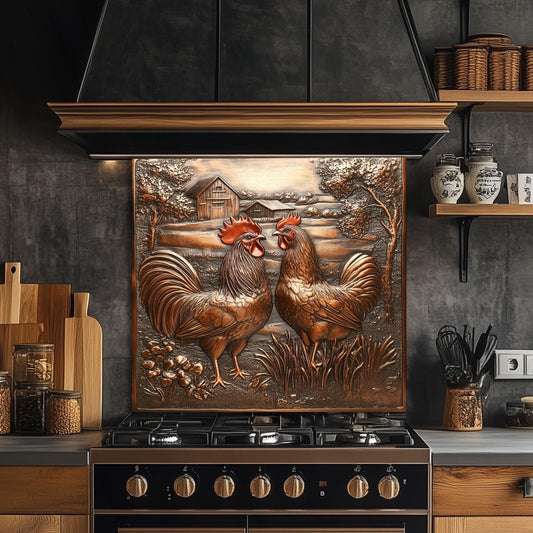 Tempered glass backsplash, rooster design, heat-resistant kitchen wall protector, copper-effect farmhouse backsplash, easy clean kitchen backsplash, rustic kitchen decor, stove protector