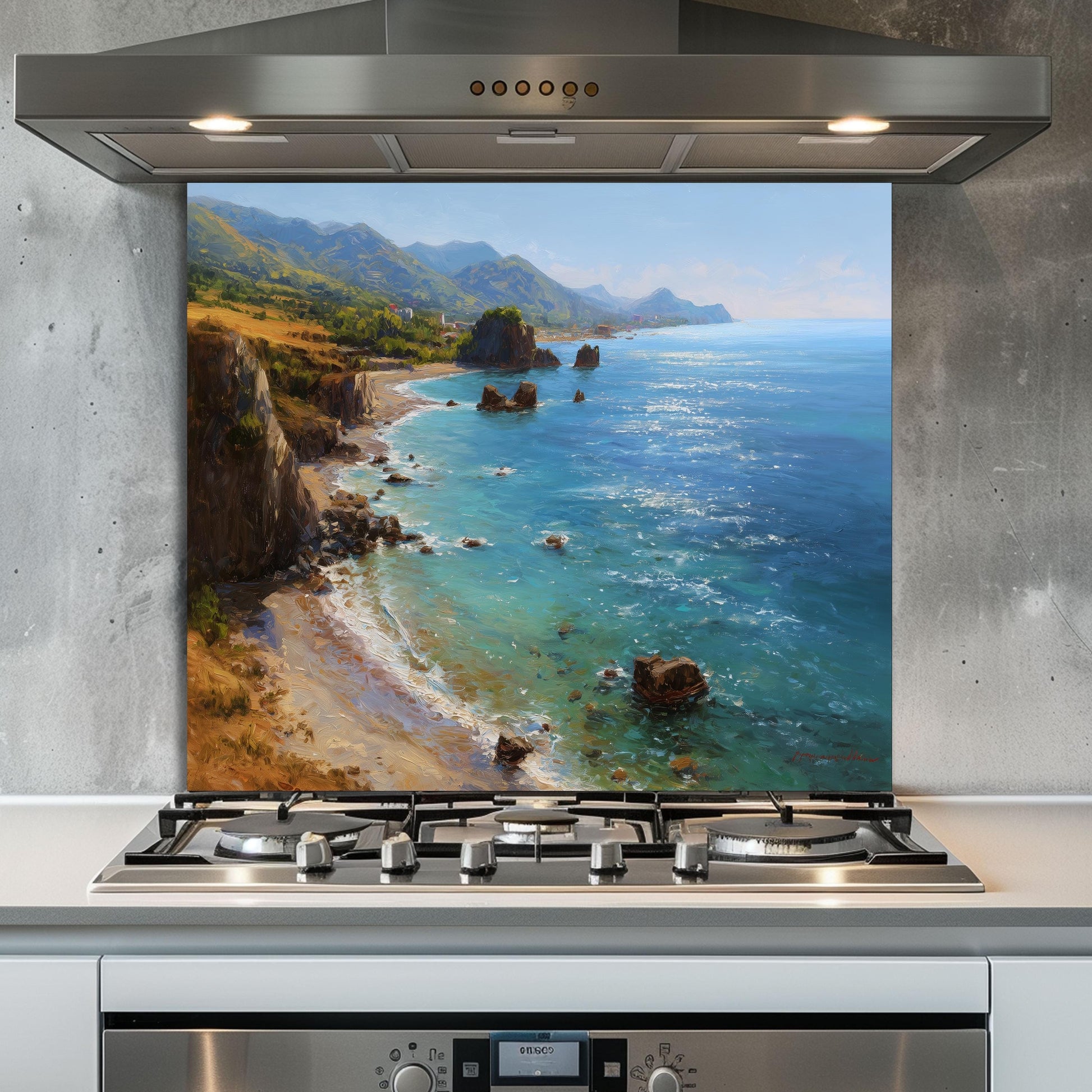 Tempered Glass Mountain Sunrise Backsplash: Coastal Kitchen Wall Art