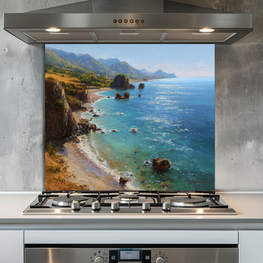 Tempered Glass Mountain Sunrise Backsplash: Coastal Kitchen Wall Art