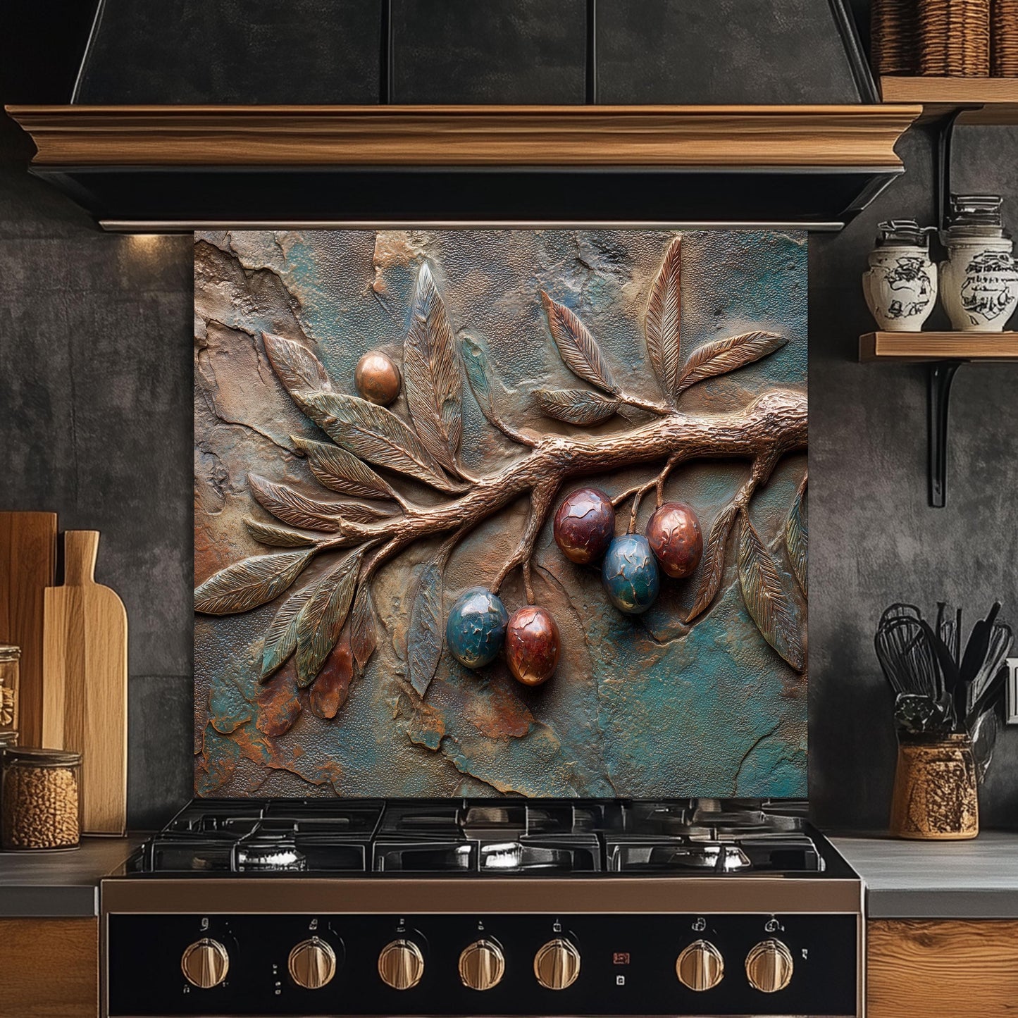 Olive Branch Tempered Glass Backsplash: Rustic Tuscan Kitchen Decor