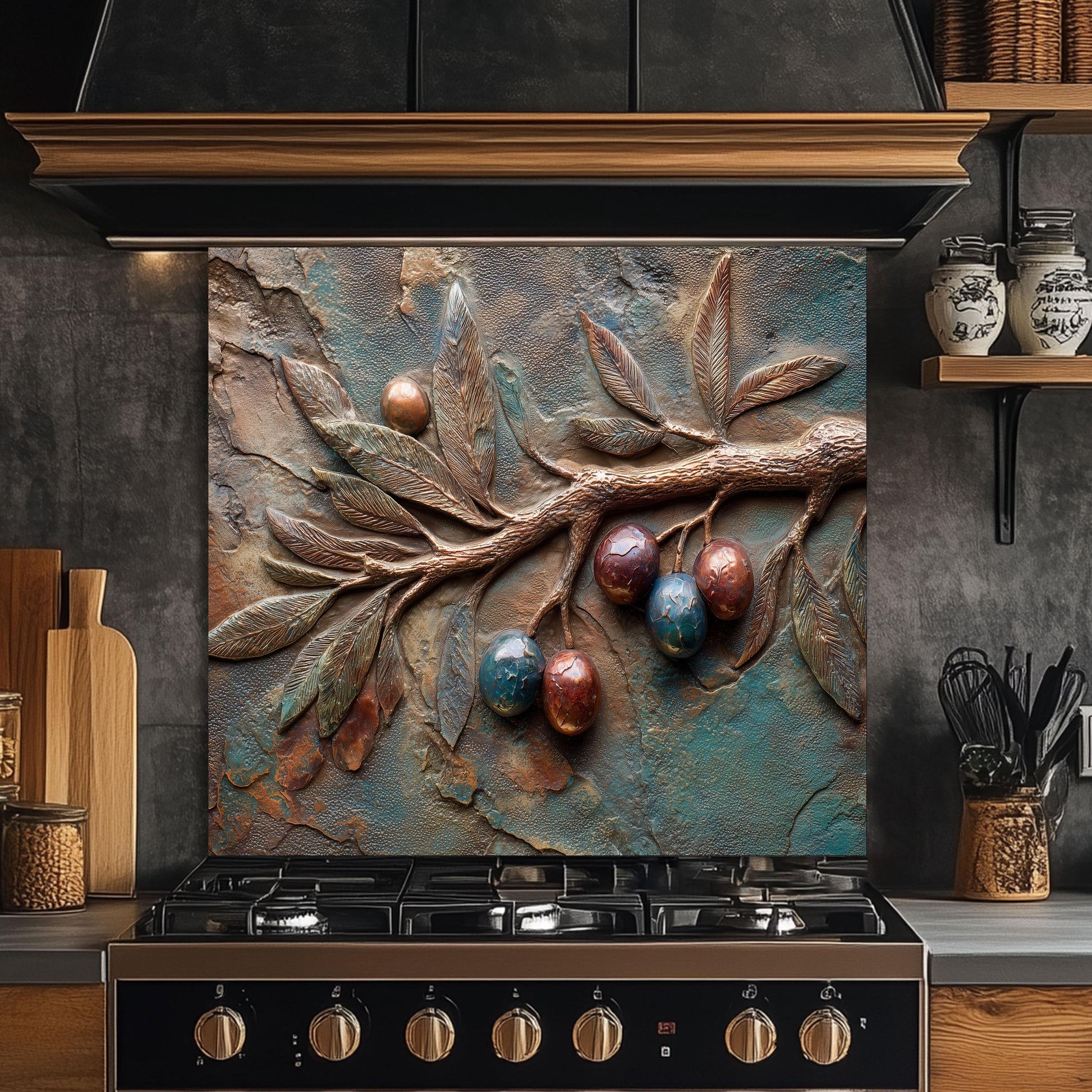 Olive Branch Tempered Glass Backsplash: Rustic Tuscan Kitchen Decor