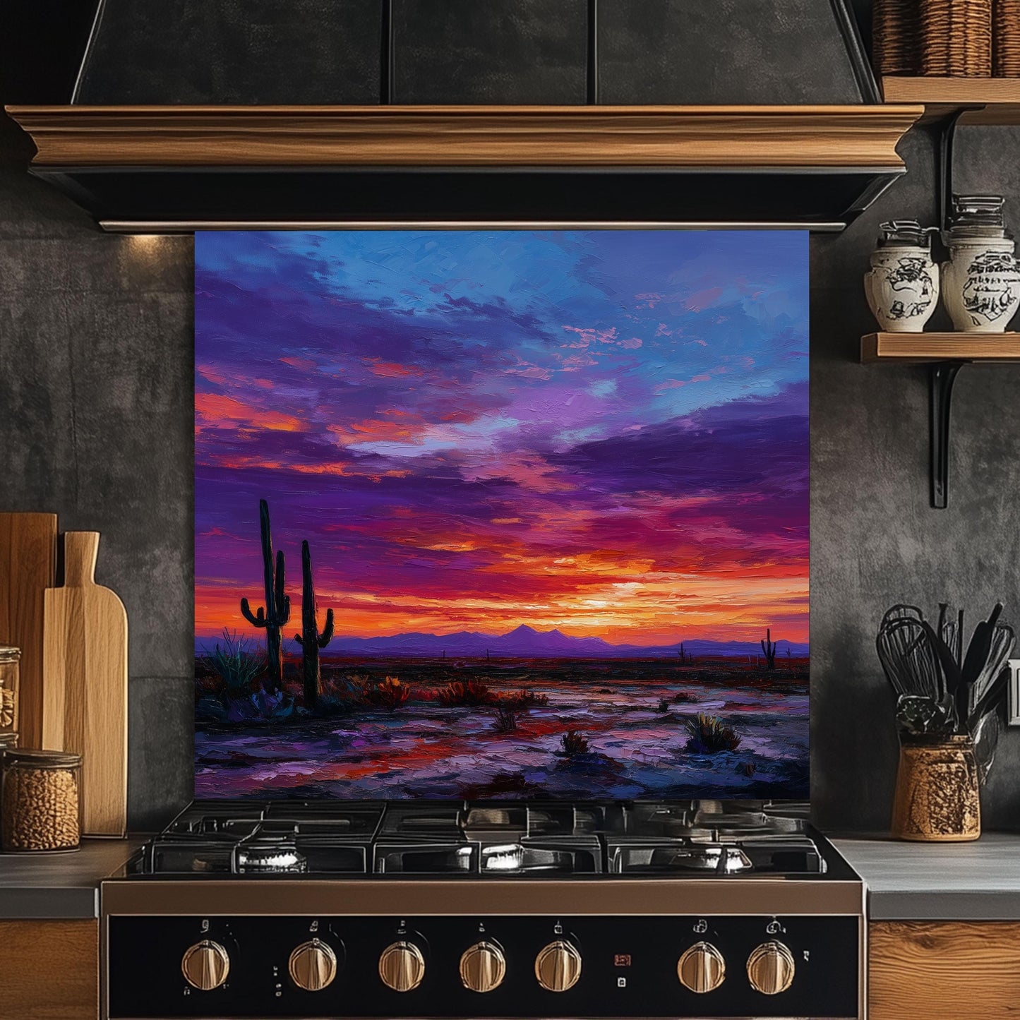 Desert Sunset Kitchen Backsplash: Southwestern Cactus Tempered Glass Wall Art