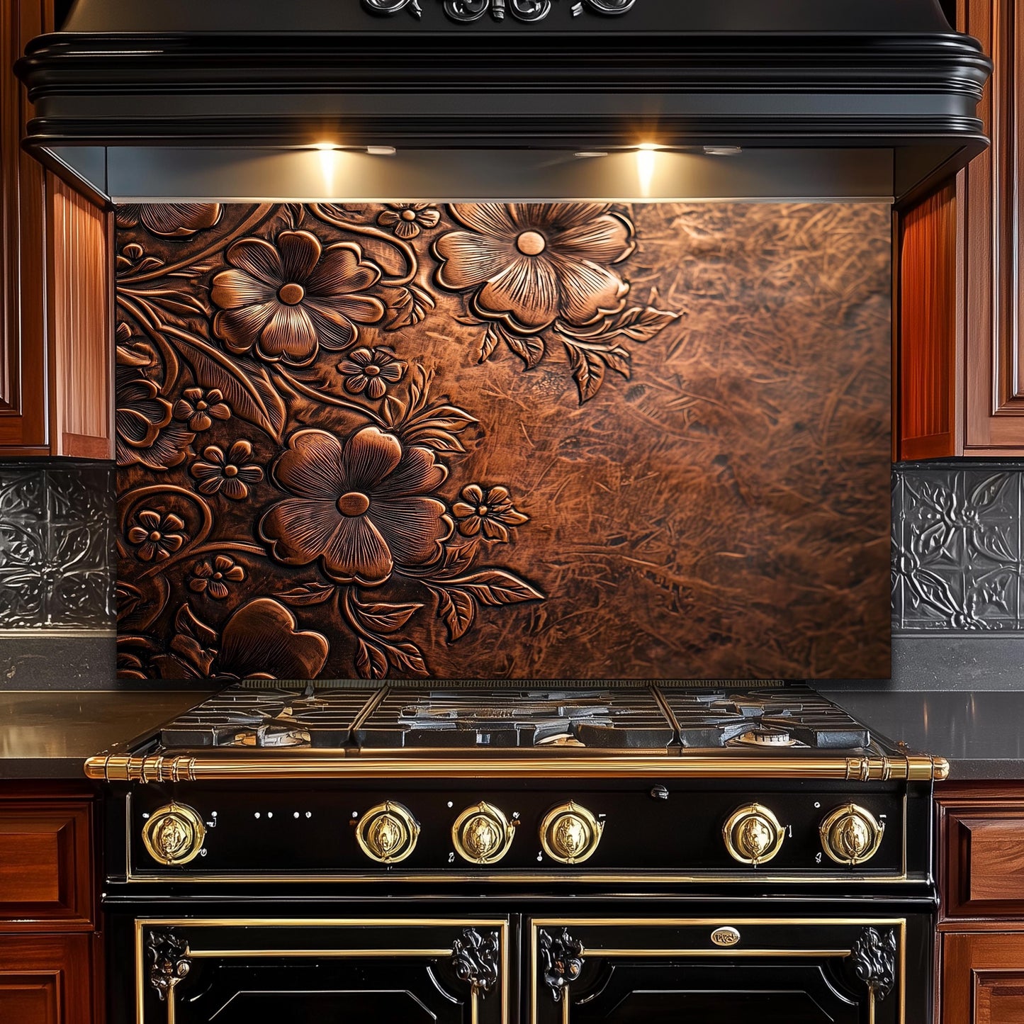 Embossed Floral Copper Glass Backsplash, Rustic Flower Stove Guard, Heat Resistant Kitchen Art
