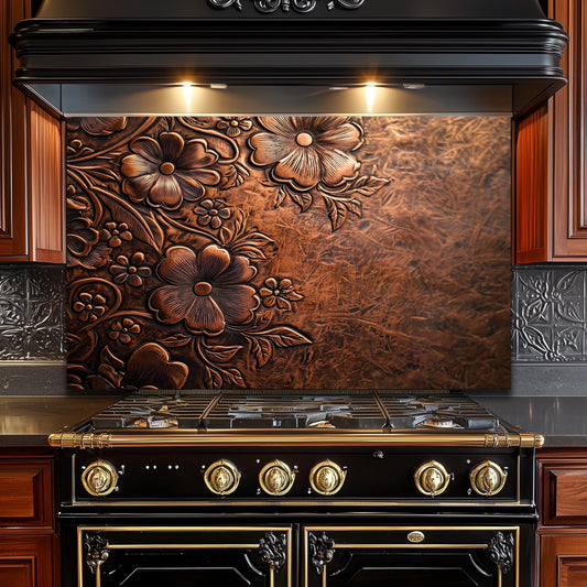 Embossed Floral Copper Glass Backsplash, Rustic Flower Stove Guard, Heat Resistant Kitchen Art
