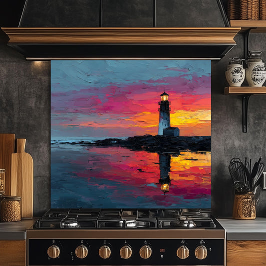 Sunset Lighthouse Kitchen Backsplash, Coastal Ocean Tempered Glass Art, Custom Size Design