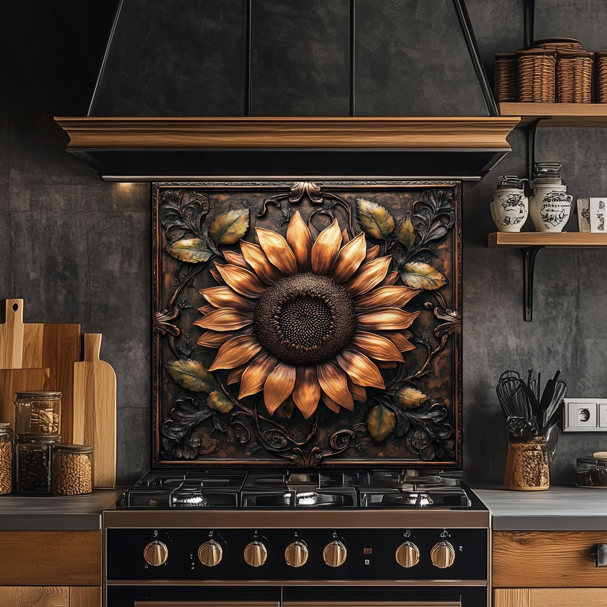 Tempered glass kitchen backsplash, rustic sunflower design, heat-resistant splashback, easy to clean, stove wall protector, artistic kitchen decor, modern backsplash, unique wall art, farmhouse kitchen decor