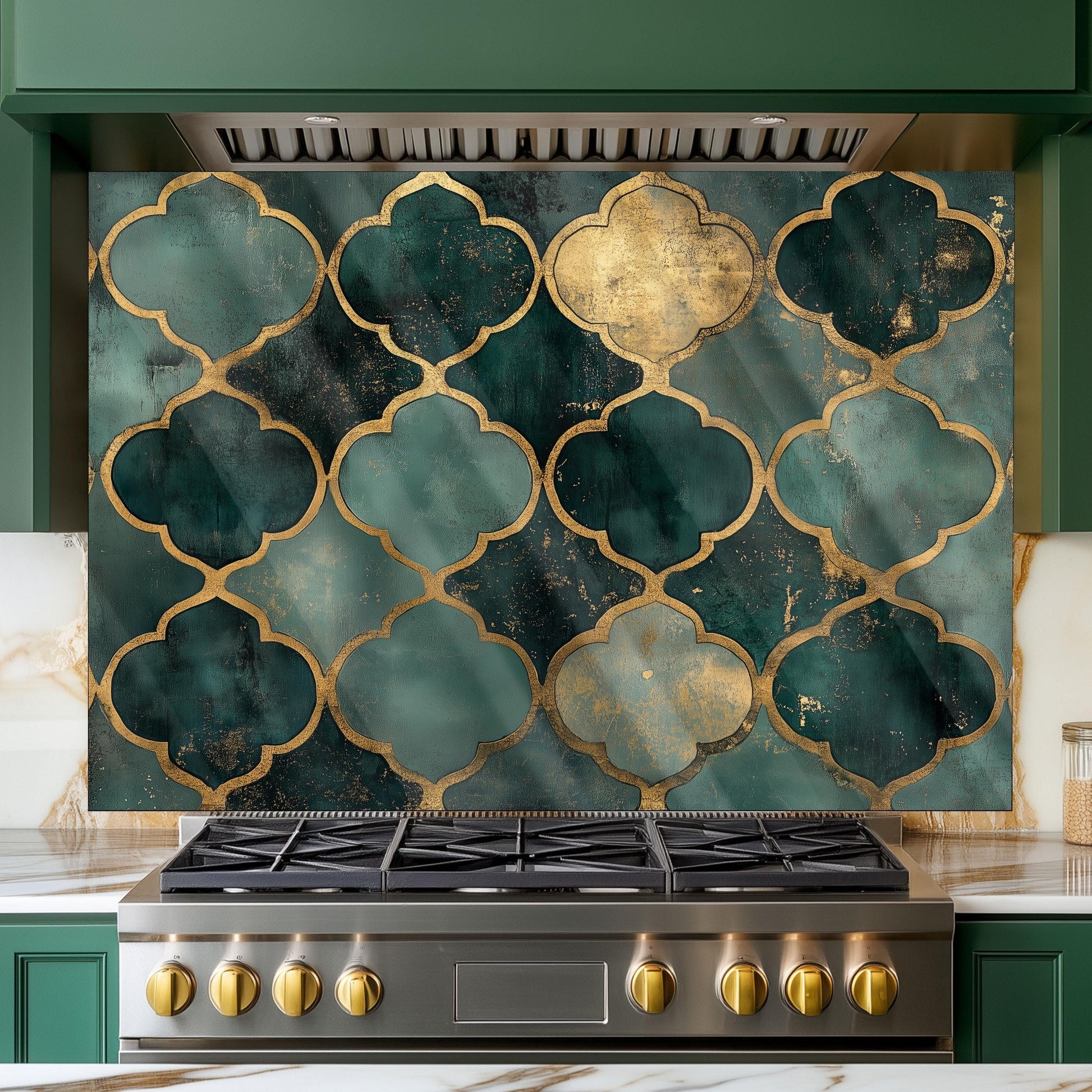 Moroccan Style Glass Backsplash, Blue Geometric Stove Guard, Heat Resistant Easy Clean Kitchen Art