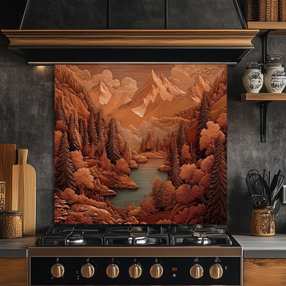 Rustic Sepia Mountain Glass Backsplash: Cabin Kitchen Stove Panel