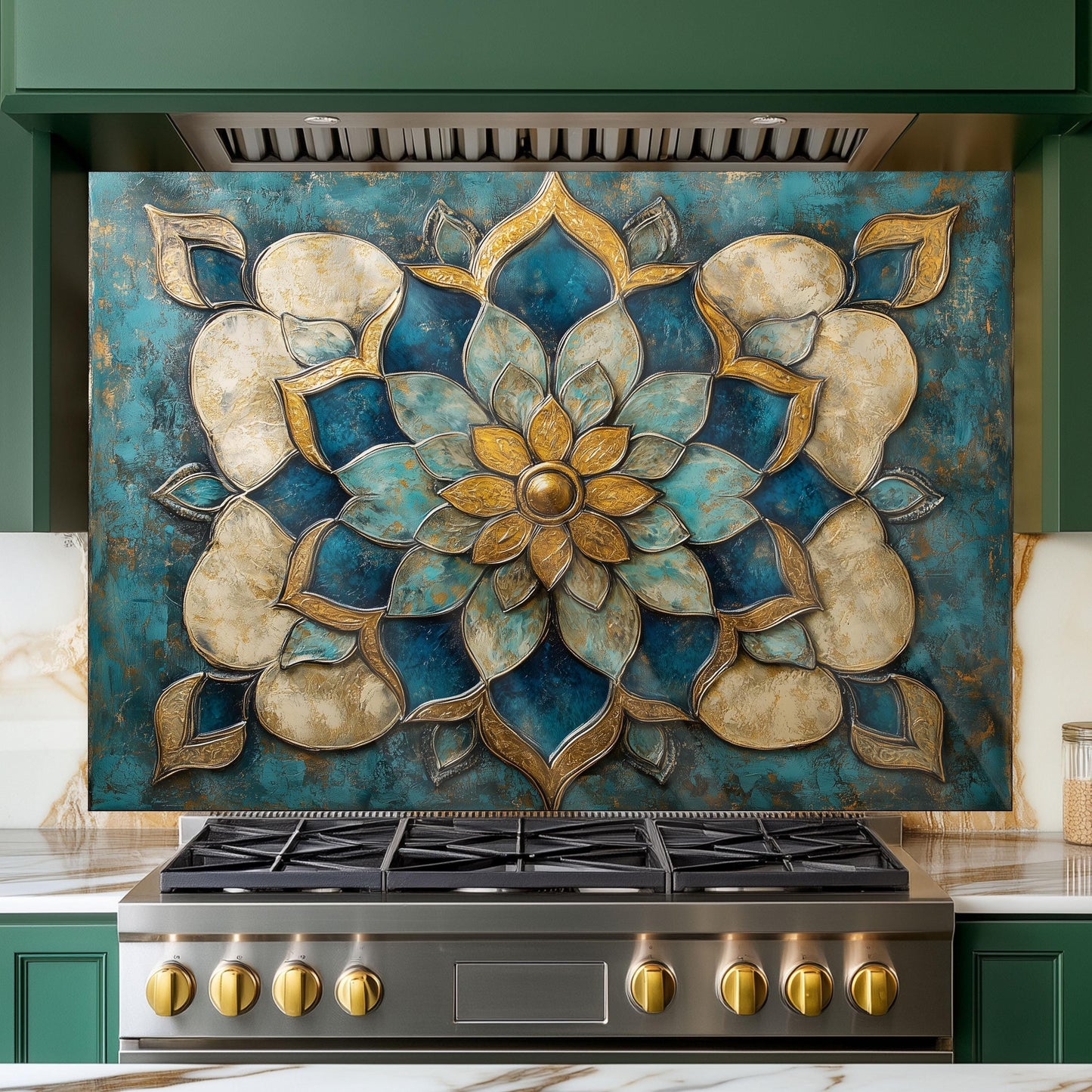 Moroccan Tempered Glass Kitchen Backsplash: Artistic Floral Stove Panel