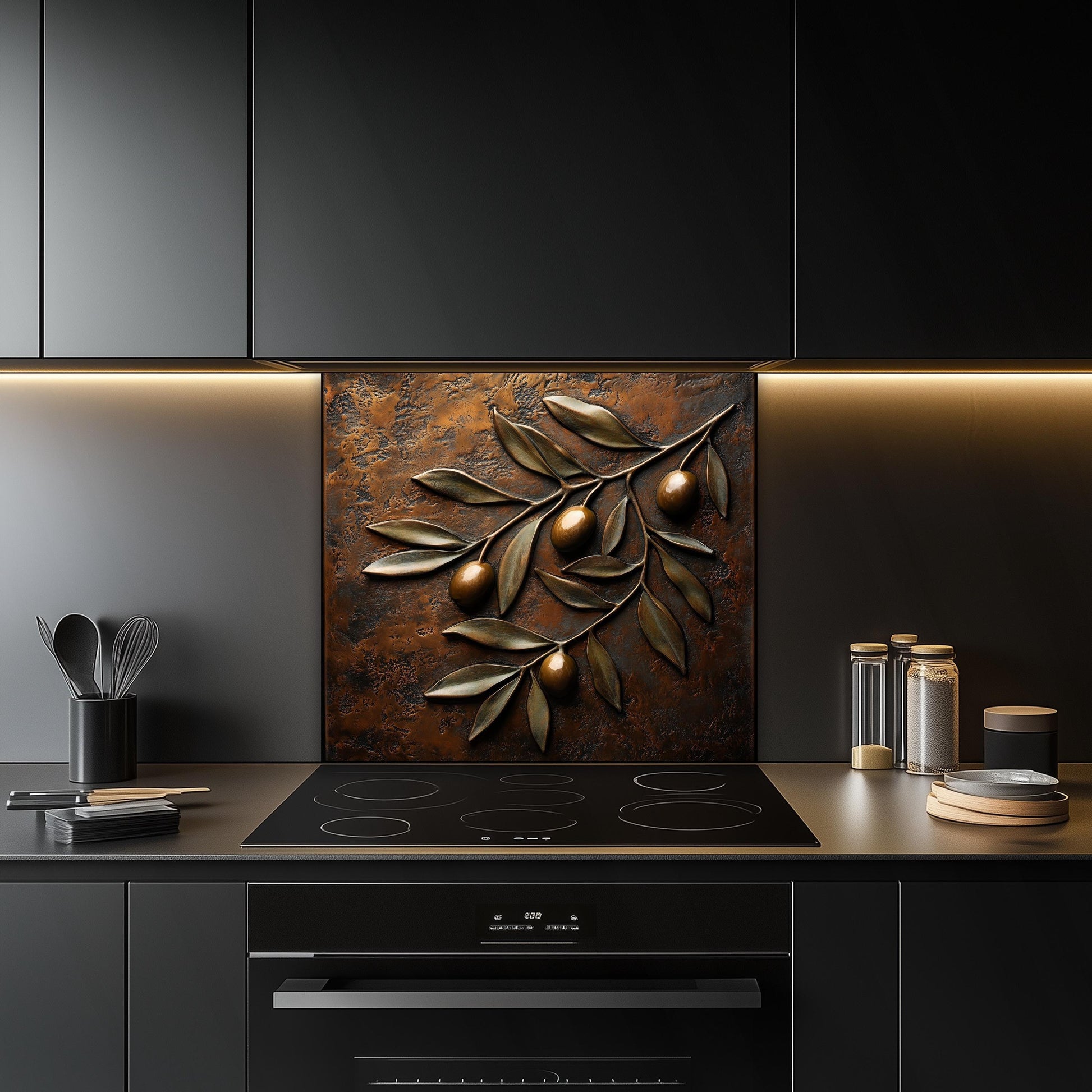 Tempered glass kitchen backsplash with olive branch design, perfect for Mediterranean and farmhouse decor. Heat-resistant, easy-to-clean wall protector with intricate olive leaves and olives, adding natural beauty to any kitchen space.