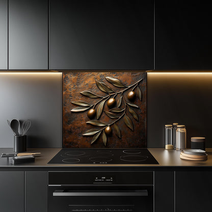 Tempered glass kitchen backsplash with olive branch design, perfect for Mediterranean and farmhouse decor. Heat-resistant, easy-to-clean wall protector with intricate olive leaves and olives, adding natural beauty to any kitchen space.