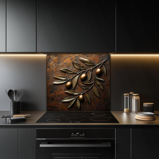 Tempered glass kitchen backsplash with olive branch design, perfect for Mediterranean and farmhouse decor. Heat-resistant, easy-to-clean wall protector with intricate olive leaves and olives, adding natural beauty to any kitchen space.
