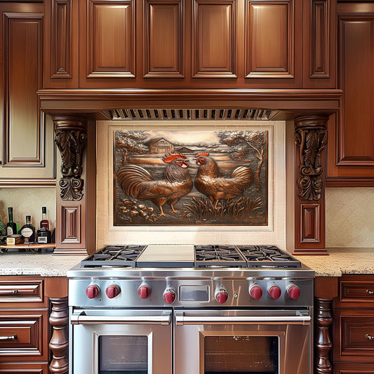 Rustic rooster kitchen backsplash, farmhouse decor, heat-resistant tempered glass, easy clean wall protector, vintage kitchen design, stove protector
