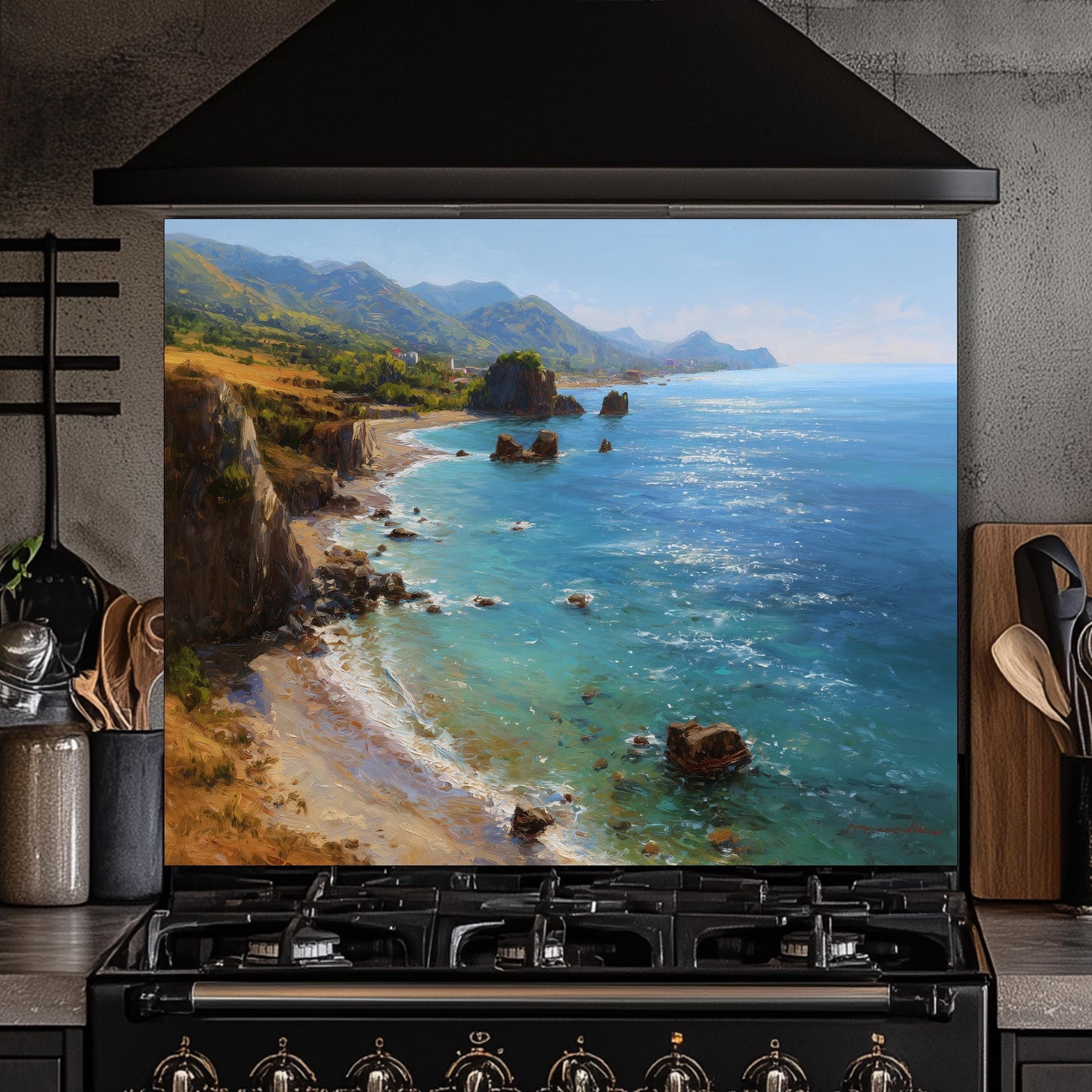 Tempered Glass Mountain Sunrise Backsplash: Coastal Kitchen Wall Art