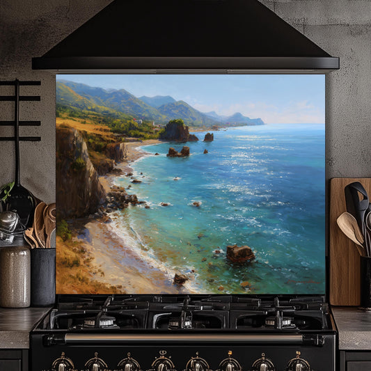 Tempered Glass Mountain Sunrise Backsplash: Coastal Kitchen Wall Art