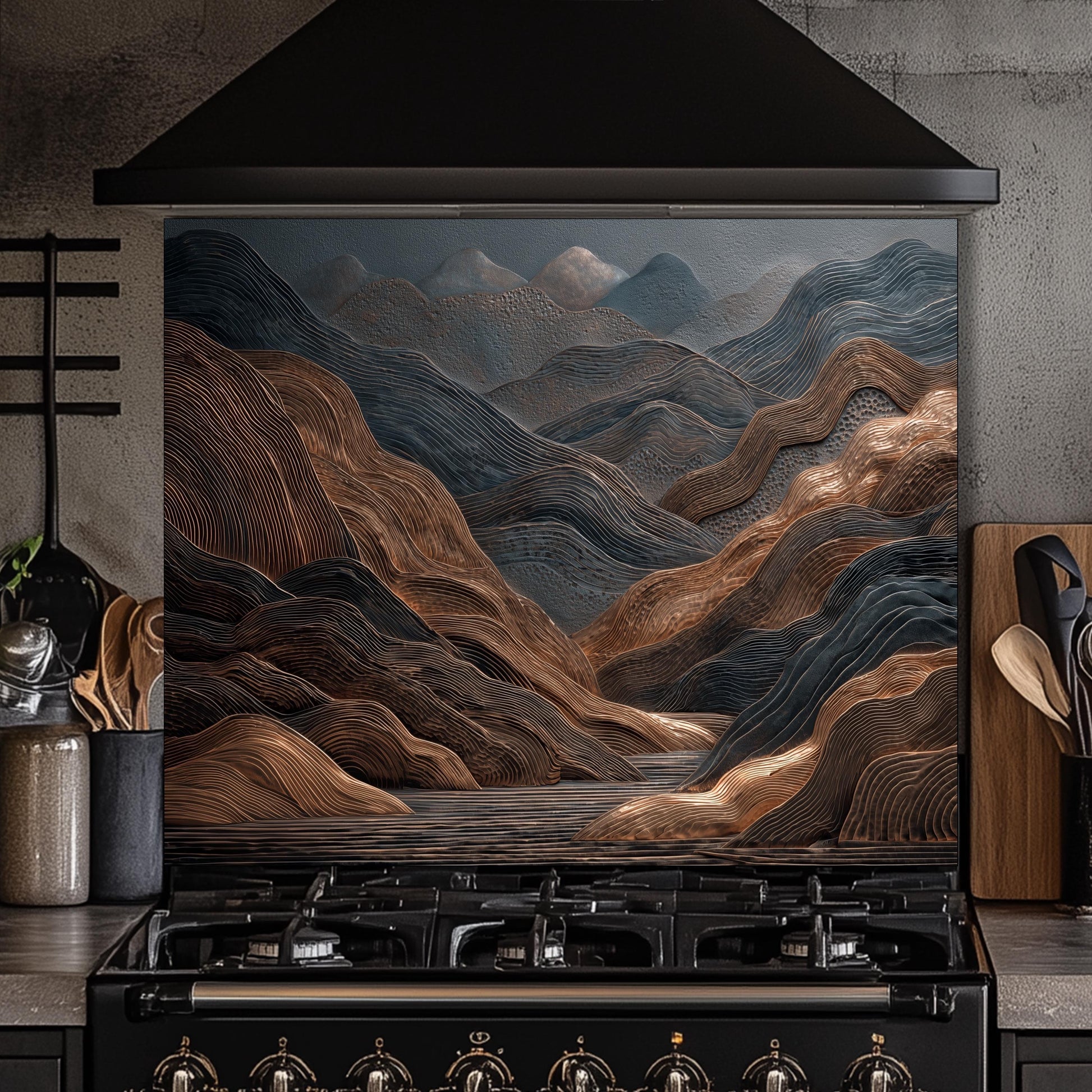 Tempered Glass Mountain Backsplash: Copper & Charcoal Abstract Art