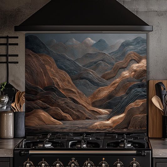 Tempered Glass Mountain Backsplash: Copper & Charcoal Abstract Art