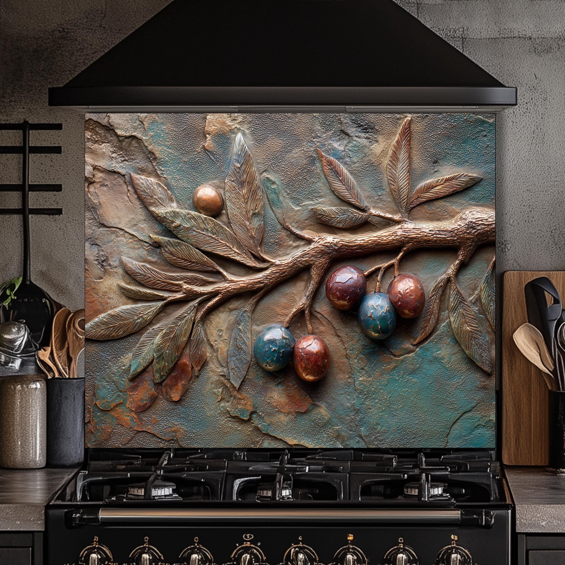 Olive Branch Tempered Glass Backsplash: Rustic Tuscan Kitchen Decor