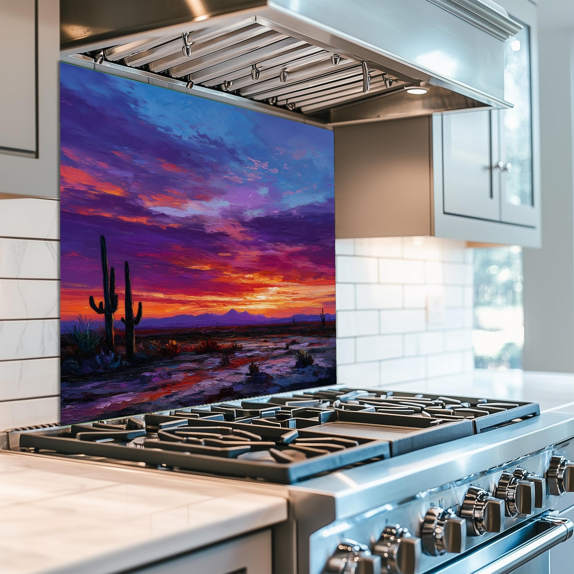 Desert Sunset Kitchen Backsplash: Southwestern Cactus Tempered Glass Wall Art