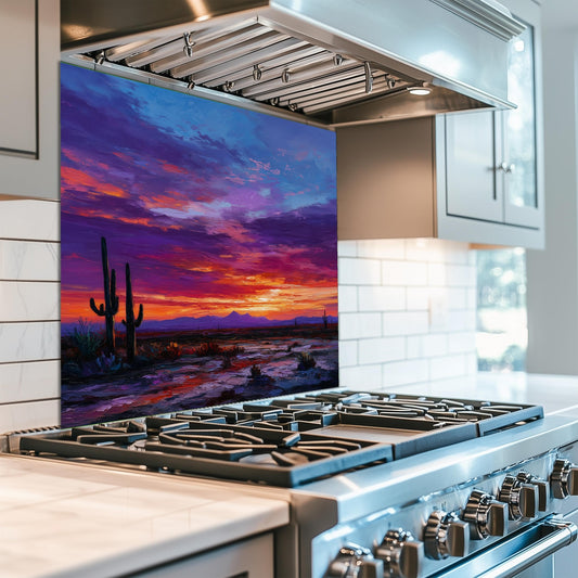 Desert Sunset Kitchen Backsplash: Southwestern Cactus Tempered Glass Wall Art