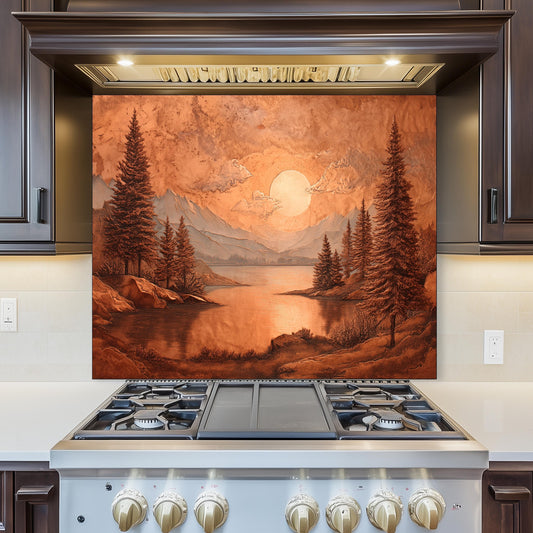 Tempered Glass Mountain & Deer Backsplash: Rustic Copper Kitchen Decor