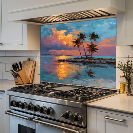 Tropical Sunset Glass Backsplash, Palm Tree Ocean Stove Guard, Heat Resistant Easy Clean Art