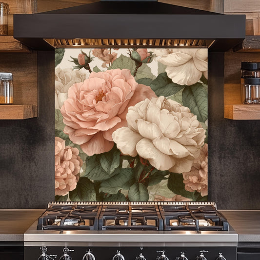 Vintage Peony Rose Floral Kitchen Backsplash, UV Printed Tempered Glass, Custom Size Design