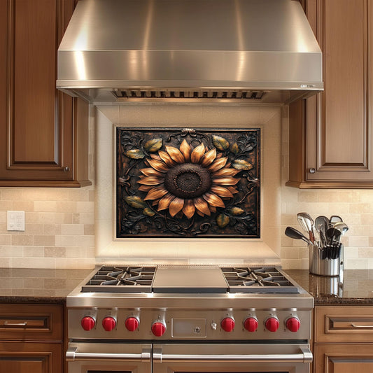 Sunflower tempered glass backsplash, floral design, heat-resistant kitchen wall panel, easy clean, stylish kitchen wall protector, artistic backsplash, stove protector, modern kitchen decor