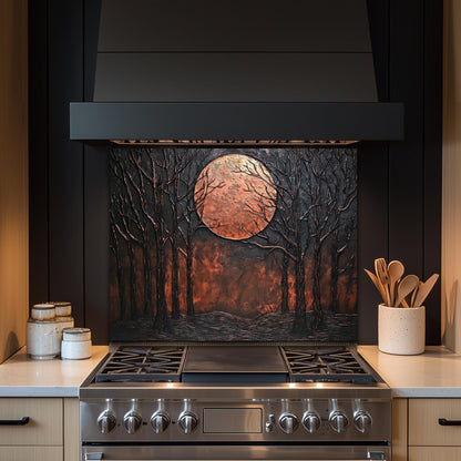 Moon Forest Glass Backsplash, Rustic Night Landscape Tempered Glass, Custom Size Design