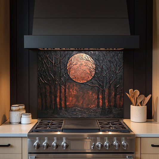 Moon Forest Glass Backsplash, Rustic Night Landscape Tempered Glass, Custom Size Design
