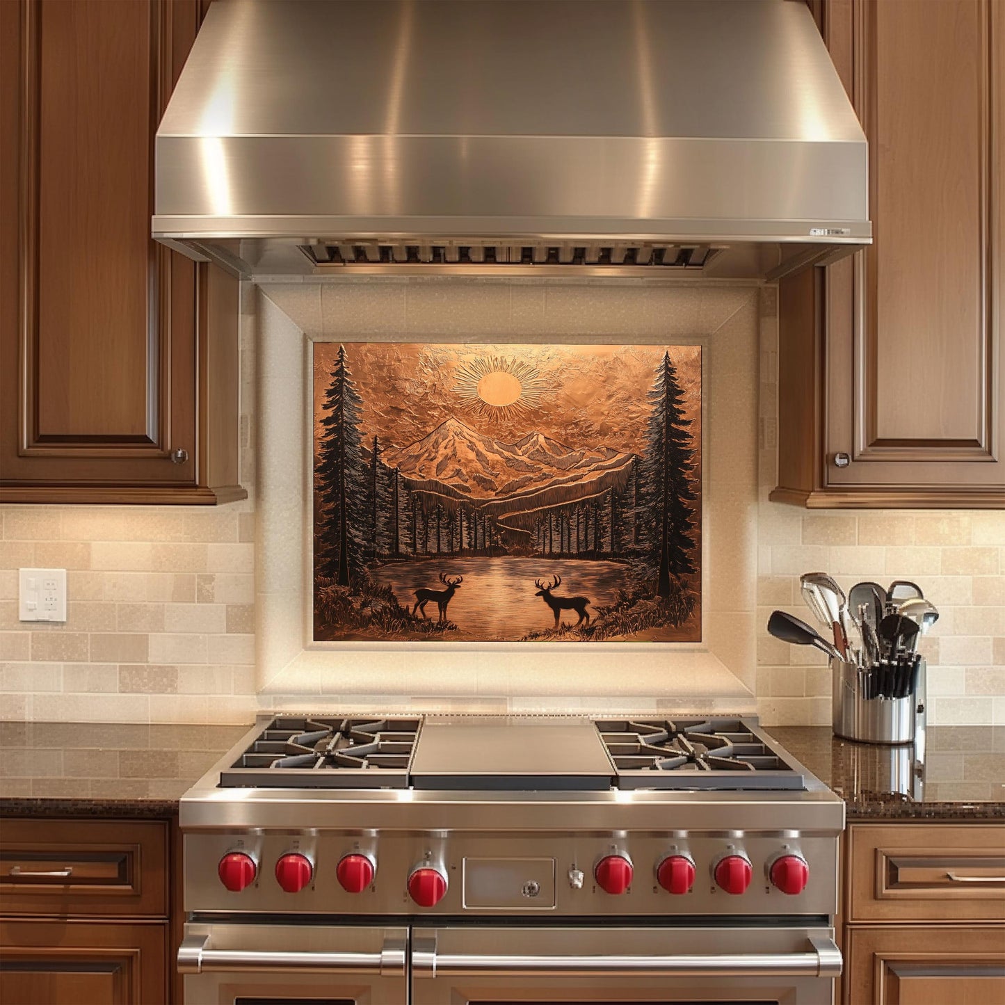 Rustic copper kitchen backsplash, mountain landscape design, heat-resistant tempered glass, easy clean wall protector, nature-inspired kitchen art, stove backsplash, rustic kitchen decor