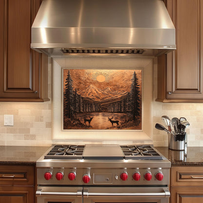 Rustic copper kitchen backsplash, mountain landscape design, heat-resistant tempered glass, easy clean wall protector, nature-inspired kitchen art, stove backsplash, rustic kitchen decor