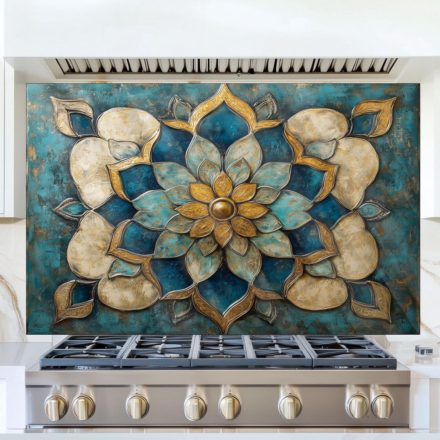 Moroccan Tempered Glass Kitchen Backsplash: Artistic Floral Stove Panel