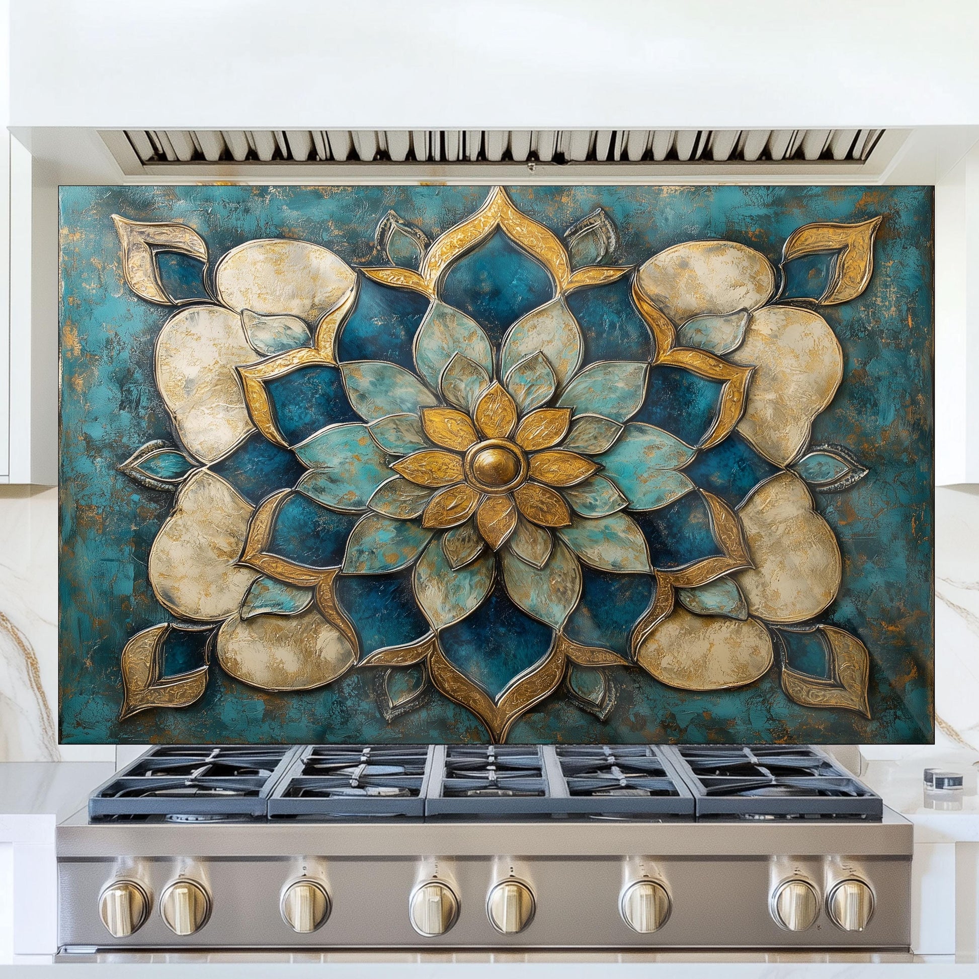 Moroccan Tempered Glass Kitchen Backsplash: Artistic Floral Stove Panel