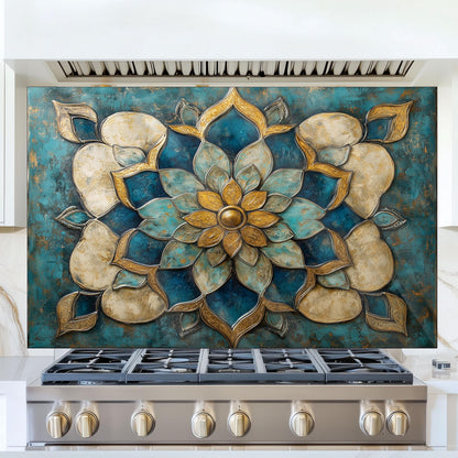 Moroccan Tempered Glass Kitchen Backsplash: Artistic Floral Stove Panel